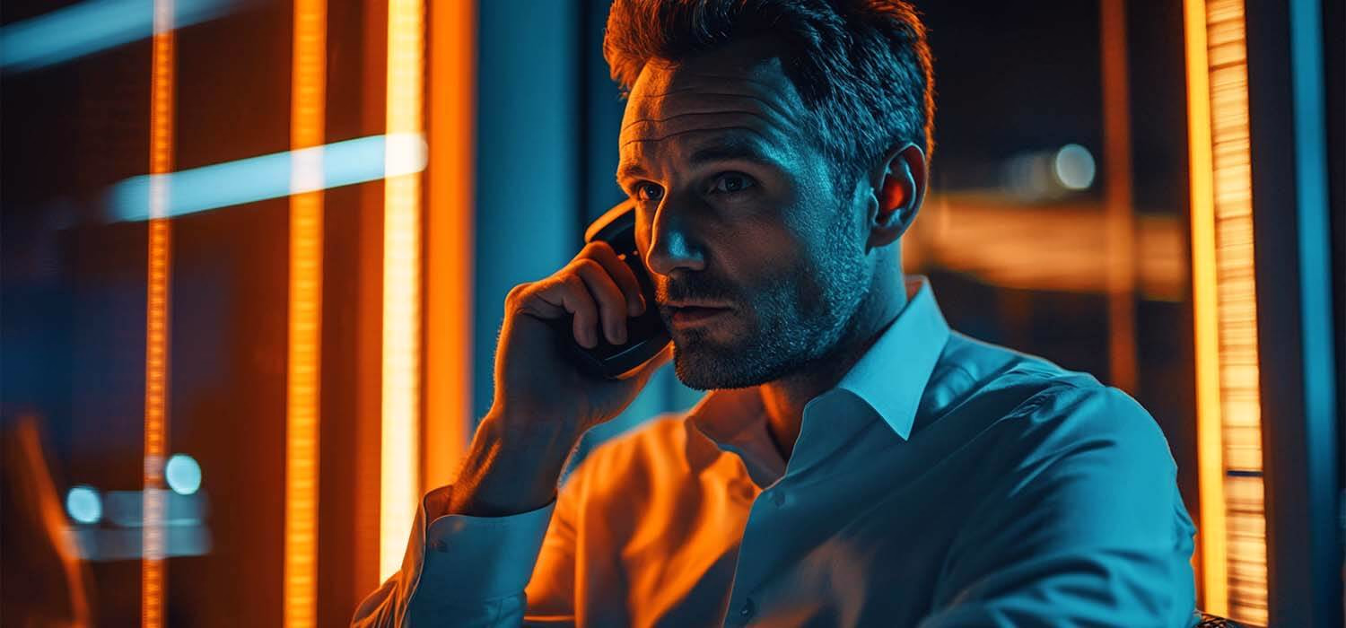 Business owner urgently calling IT support during a network crisis.