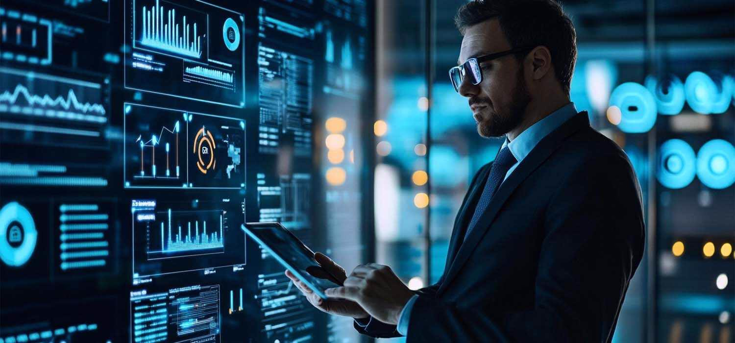 Business owner reviewing endpoint security updates on a digital tablet