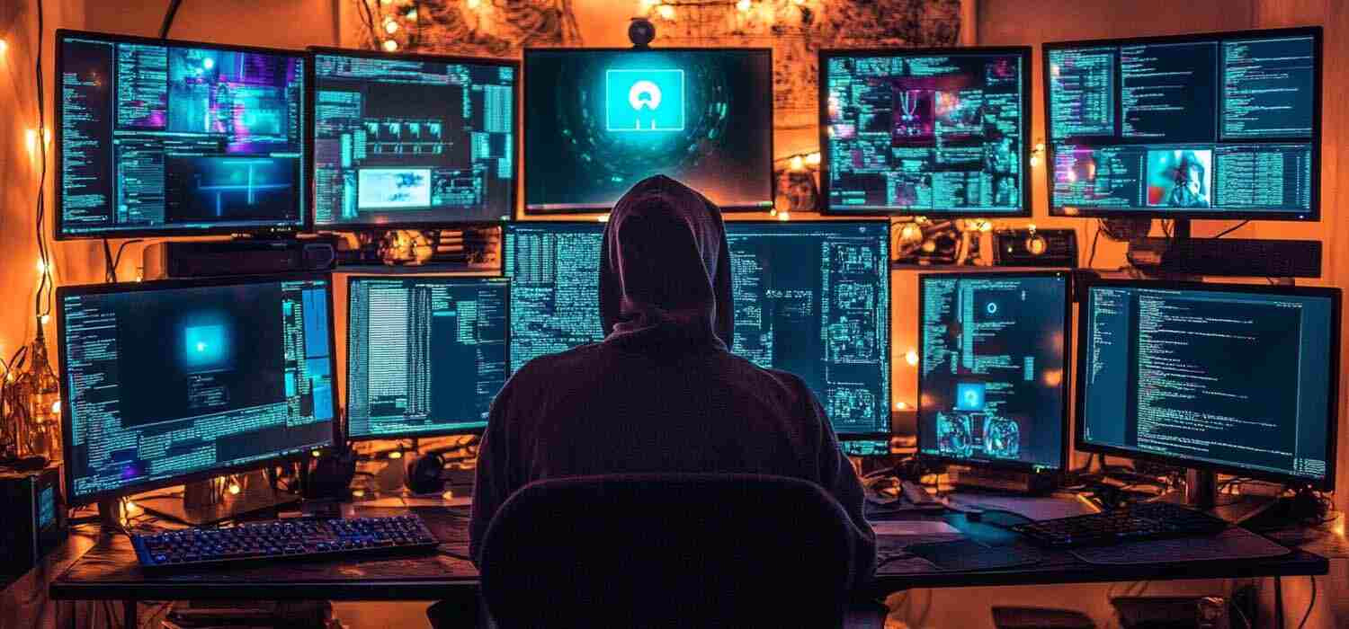 Hacker using AI for vulnerability scanning displayed on multiple monitors