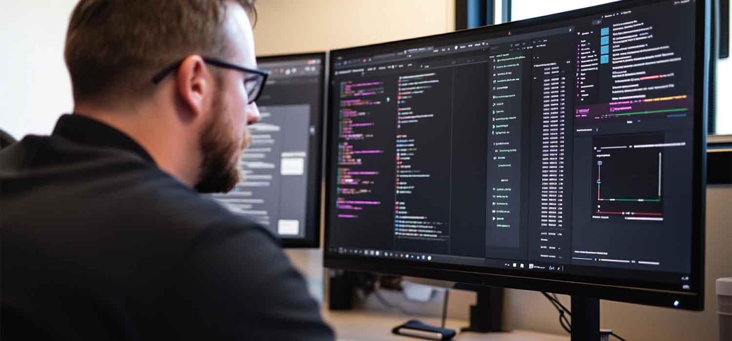 A professional analyzing workflow software integrations on a computer screen for process optimization.