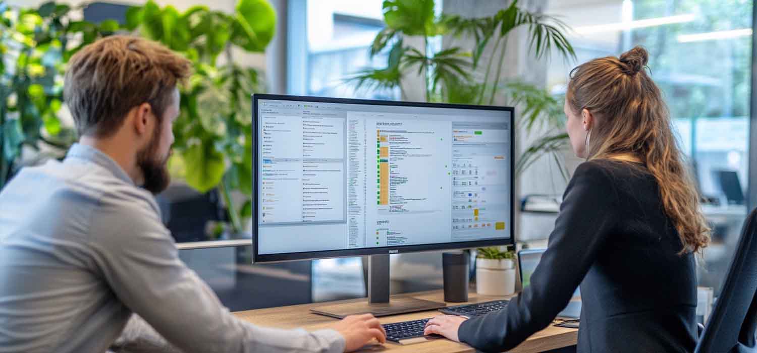 Business team using workflow automation software to streamline project management tasks.