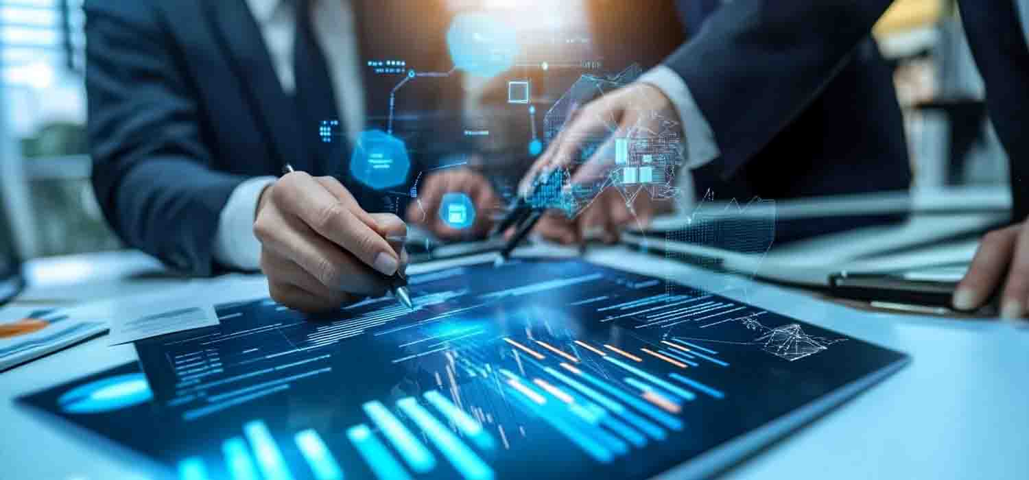 Business team collaboratively working on robotic process automation software to enhance operational efficiency.