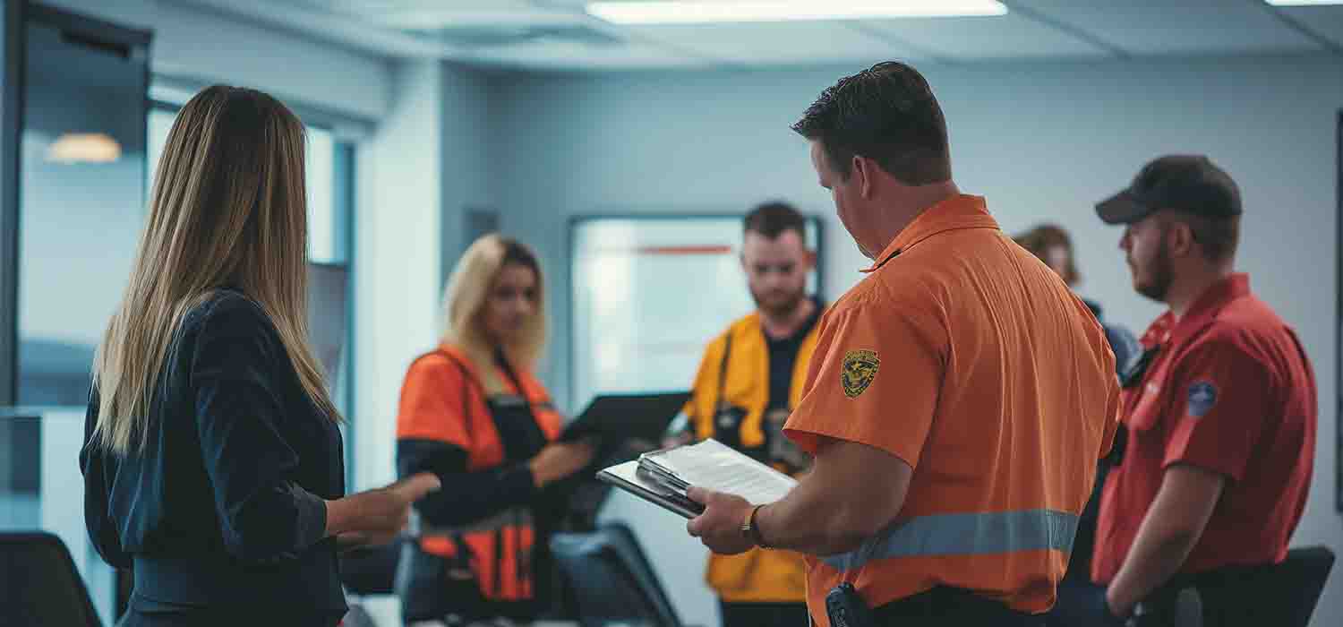 Emergency management team conducting a BCP testing drill in an office setting.