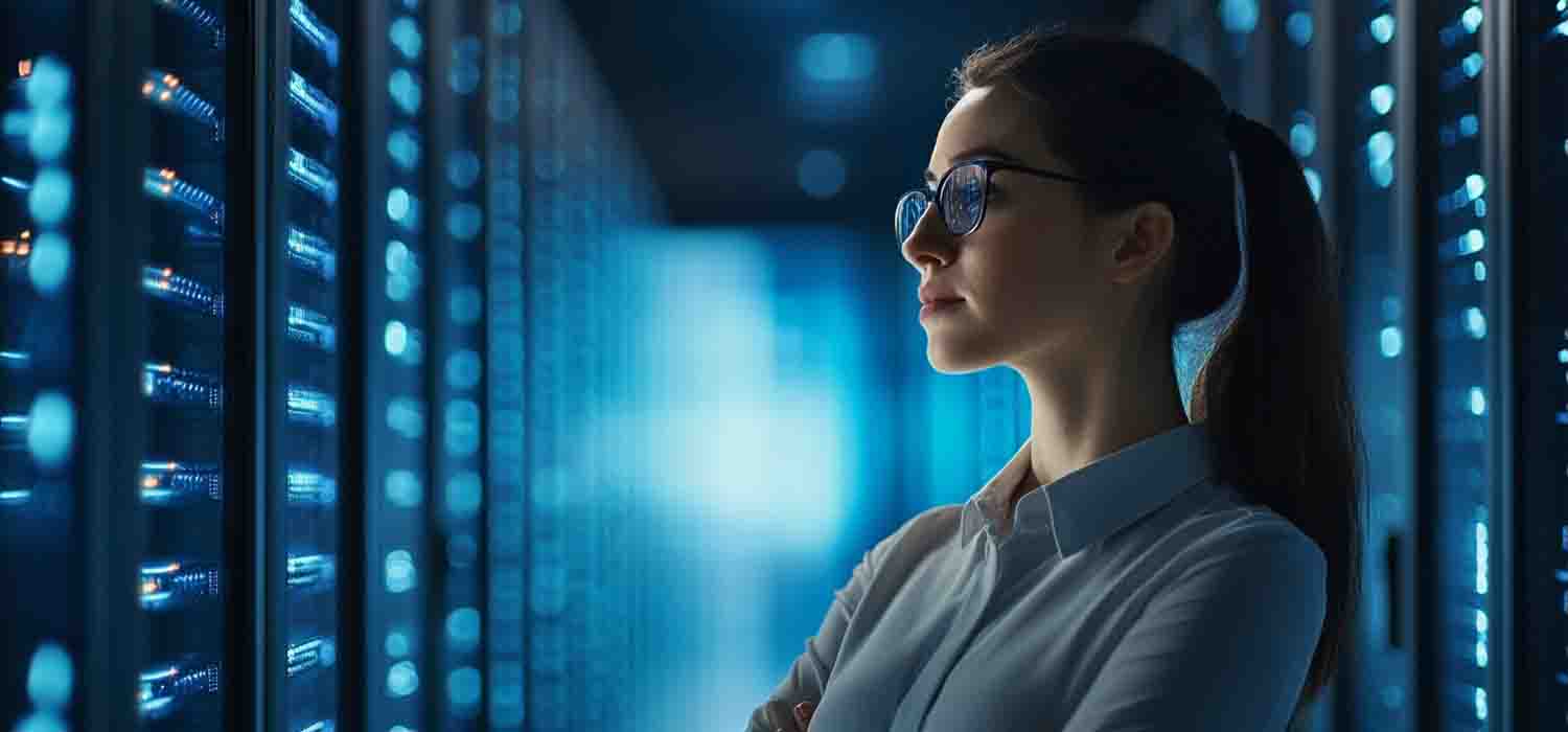 IT professional reviewing business continuity management software for risk assessment and recovery strategies.