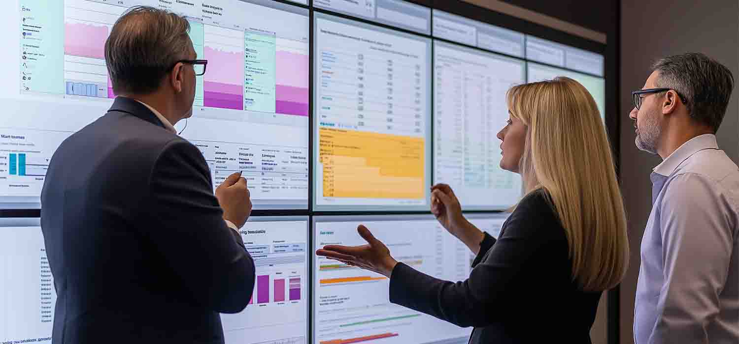 Business team discussing a business continuity and disaster recovery plan on a digital dashboard.