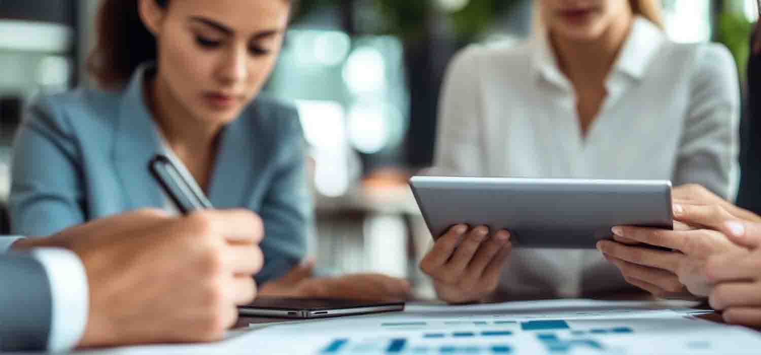 Team reviewing compliance automation tool on a digital tablet