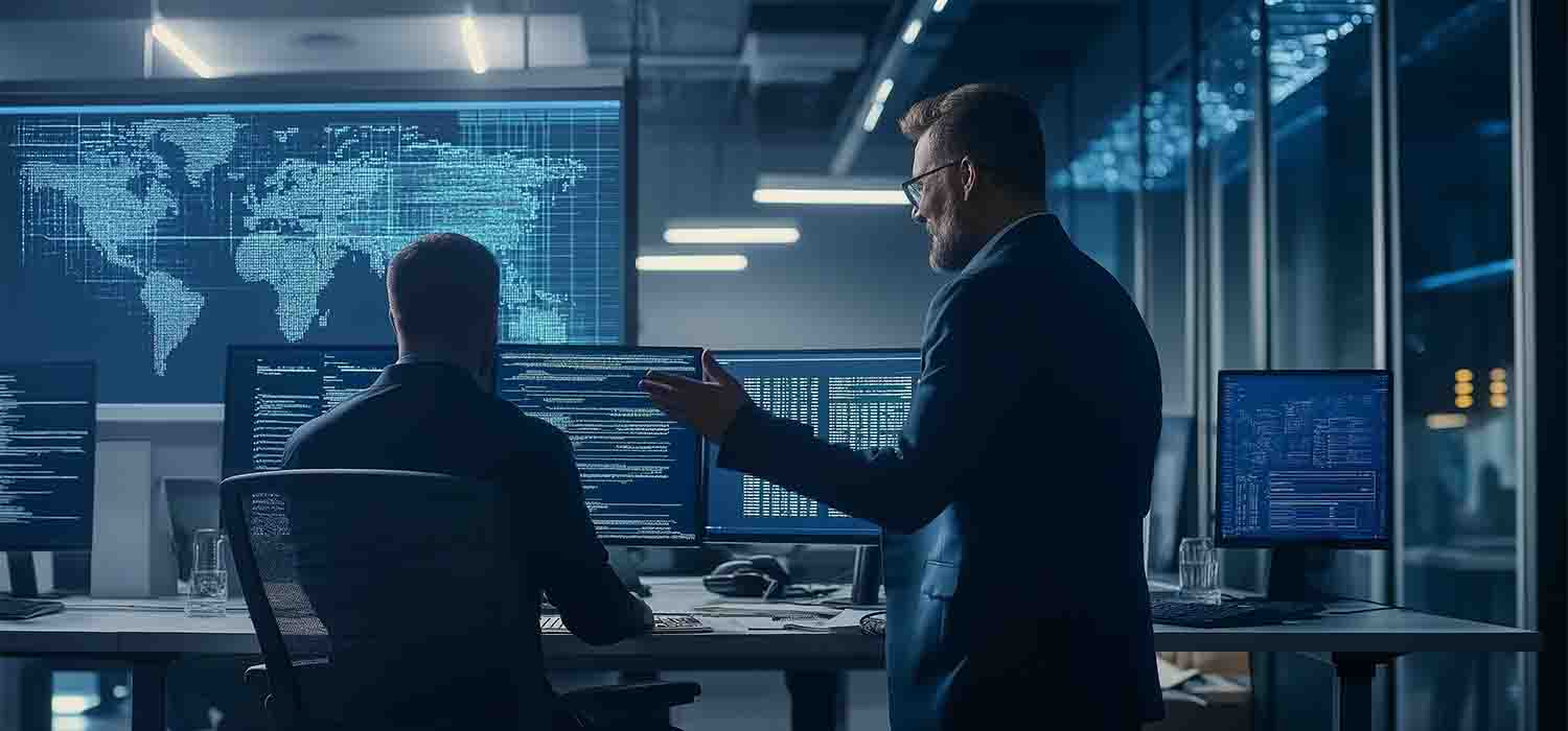 Business owner speaking with a cyber security analyst about data protection strategies in an office