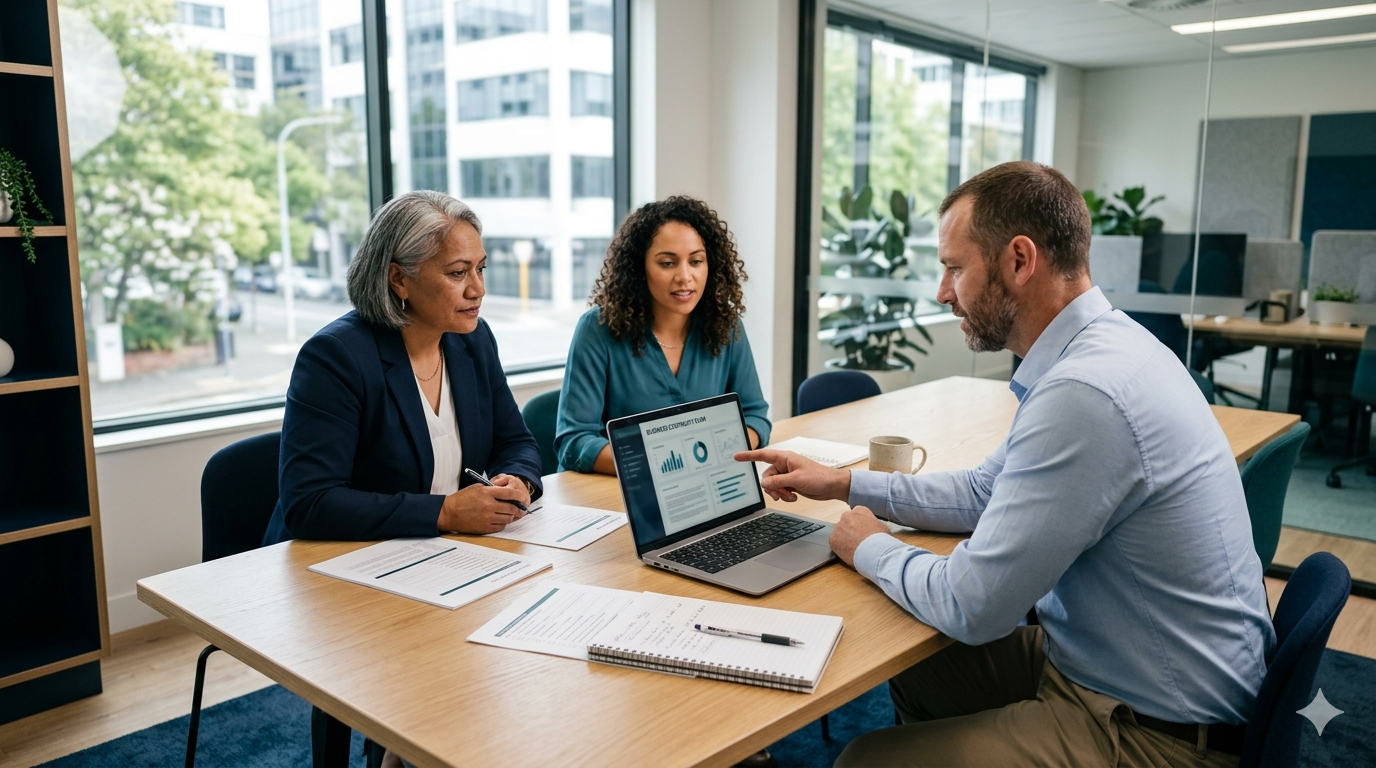 Team reviewing a business continuity plan in a modern office