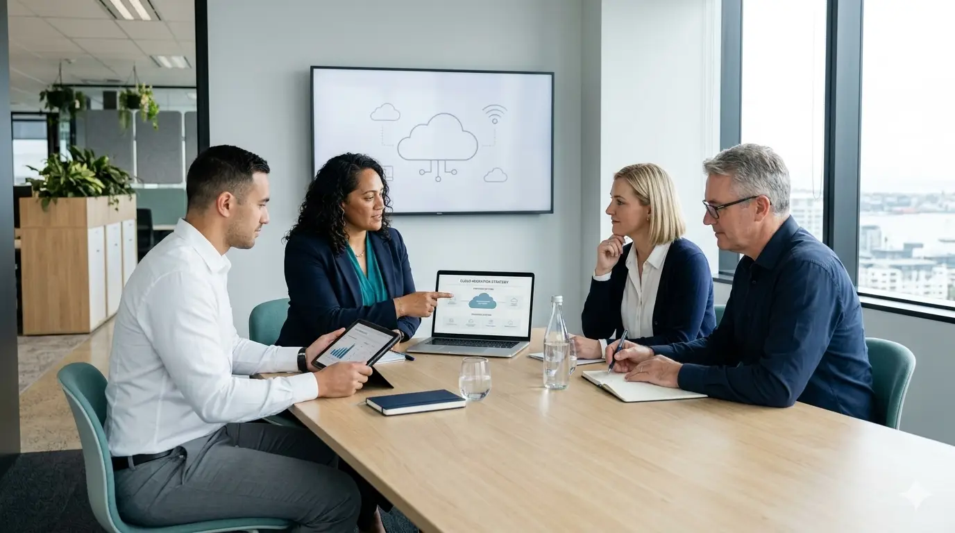 Business team reviewing a cloud services plan on a laptop in a modern office