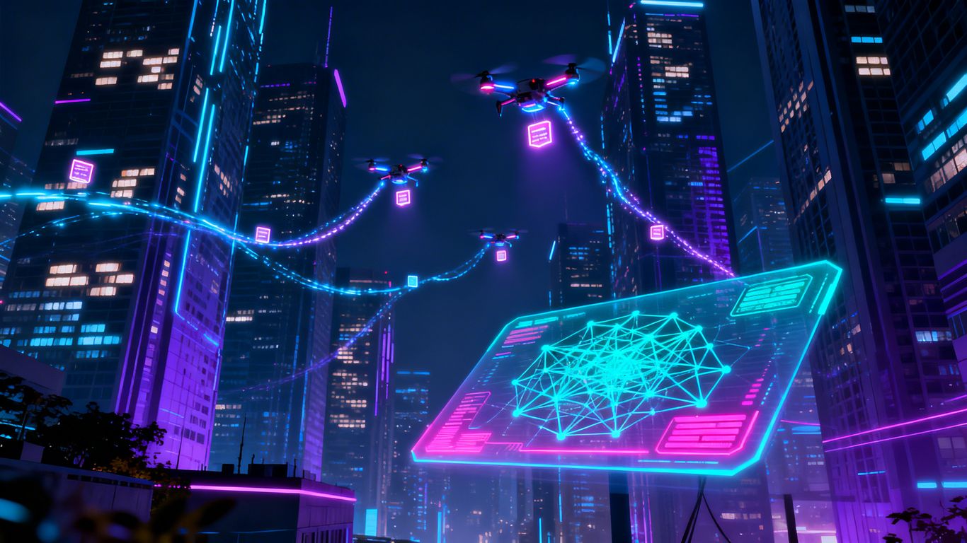 Futuristic cityscape with digital streams and drones.