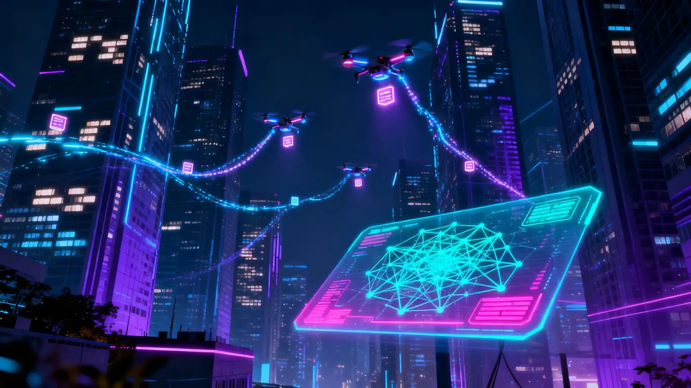 Futuristic cityscape with digital streams and drones.