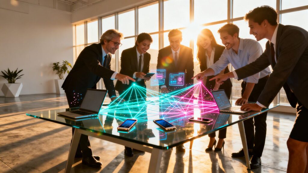 Business professionals collaborating with technology