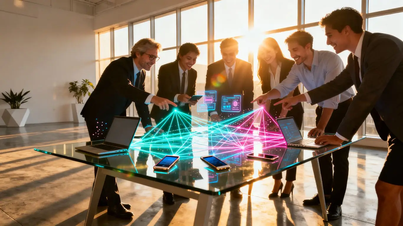 Business professionals collaborating with technology