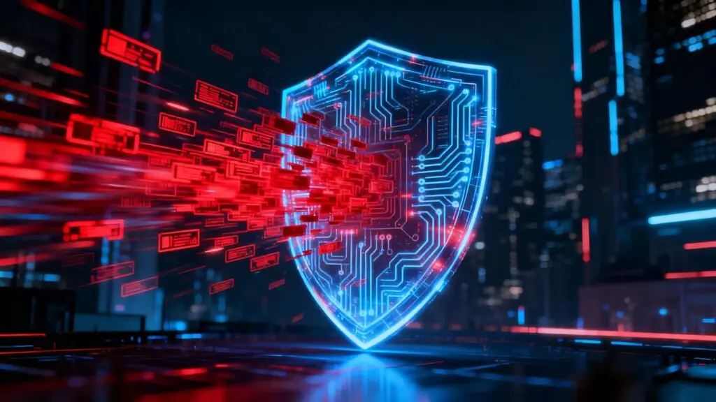 Digital shield protecting against cyber threats in futuristic city.