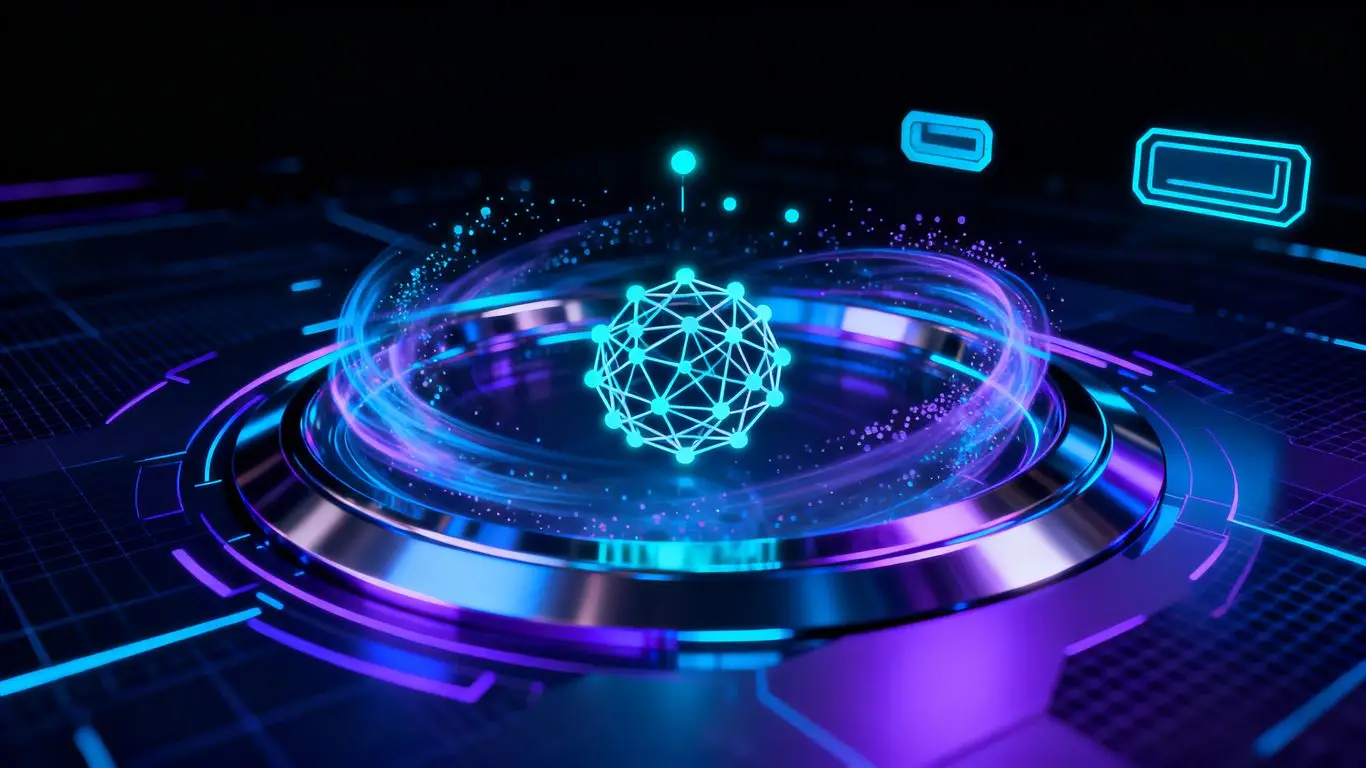 AI interface with glowing patterns and brain icon.