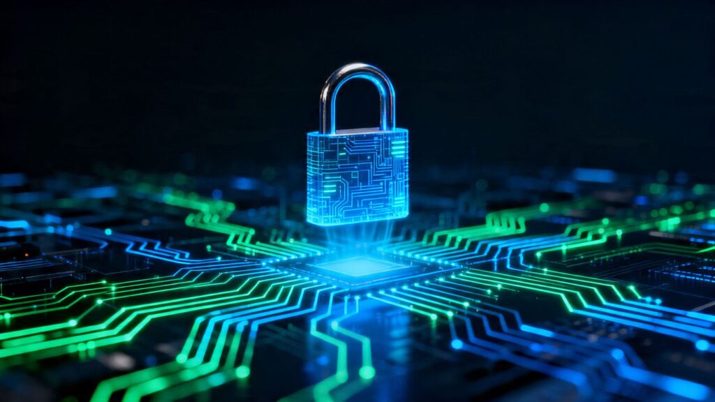 Digital padlock securing a complex network.