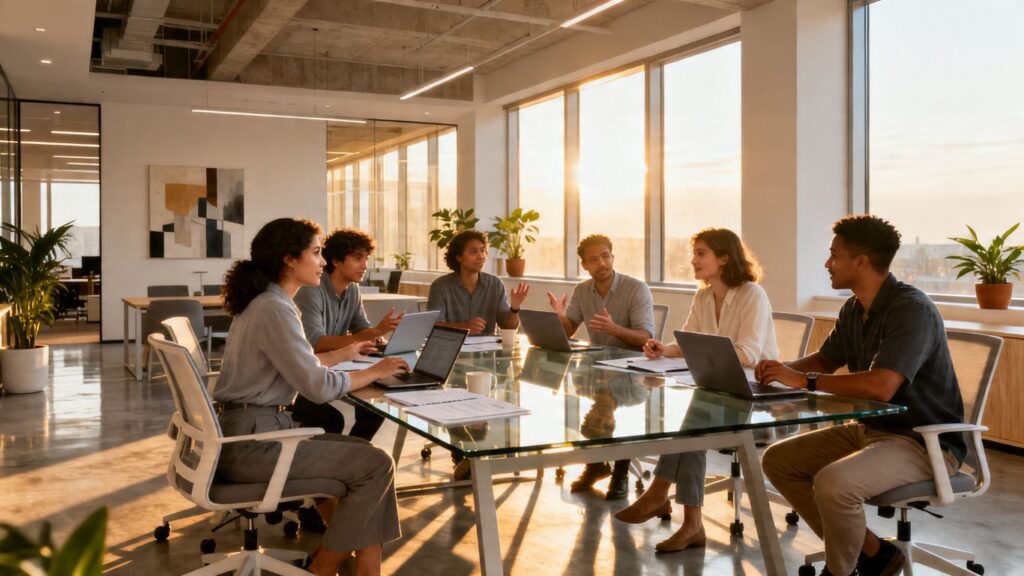 Business team collaborating in a modern office.