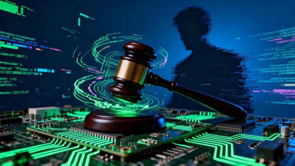 Gavel hitting circuit board with glitching AI code.