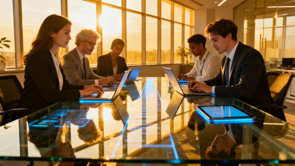 Business professionals collaborating in a modern office for growth.