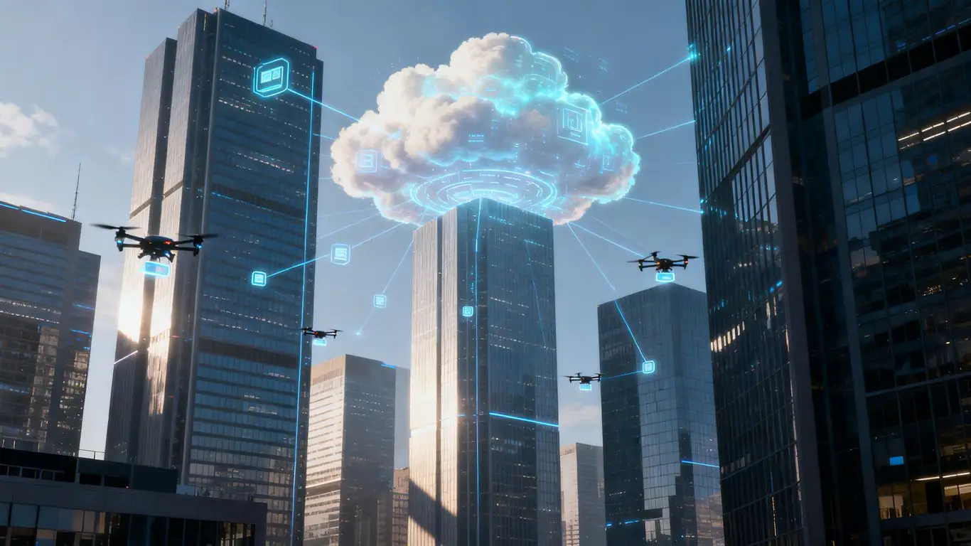 Futuristic city with digital clouds connecting buildings.