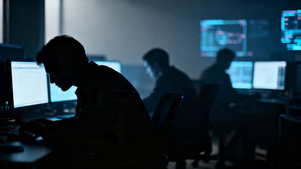Shadowy figures using computers in a dimly lit office.