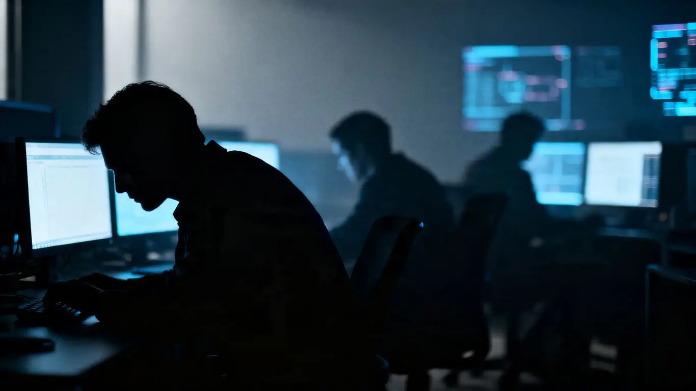 Shadowy figures using computers in a dimly lit office.