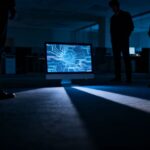 Confused business people looking at a flickering AI computer screen.