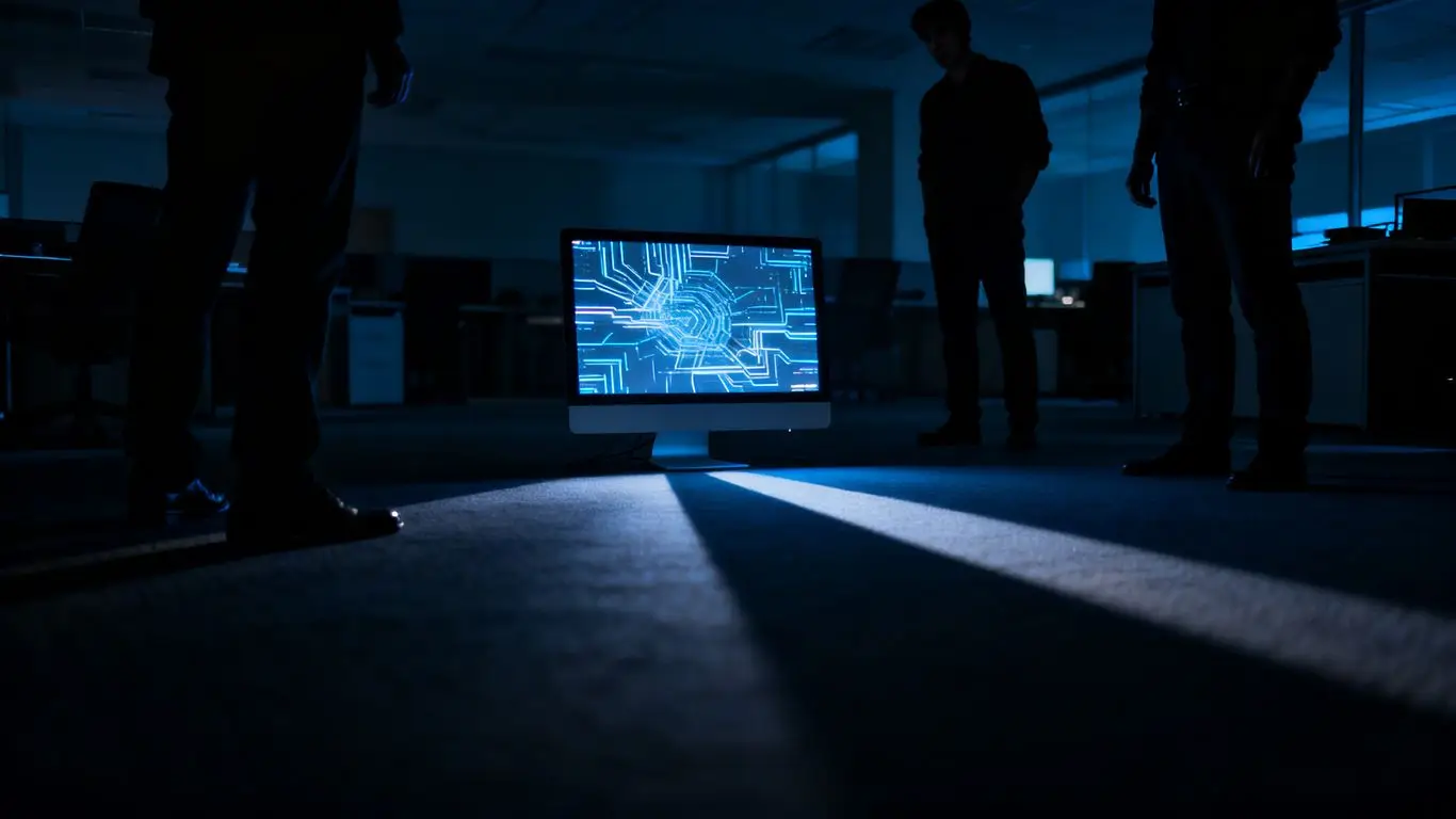 Confused business people looking at a flickering AI computer screen.