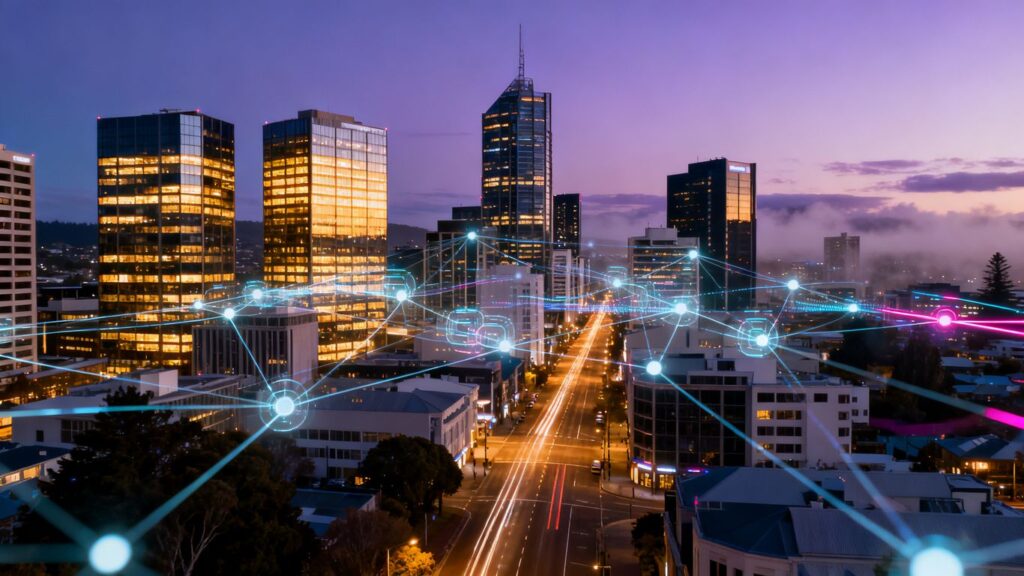 Christchurch cityscape with digital network overlay.