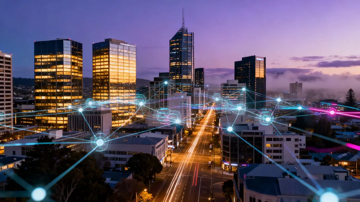 Christchurch cityscape with digital network overlay.