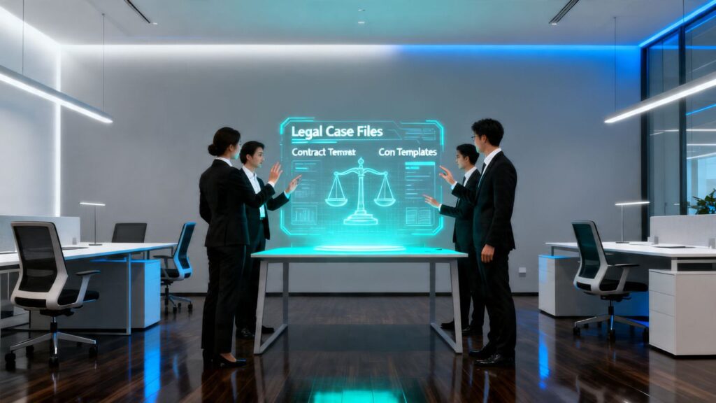 Lawyers interacting with AI in a modern office.