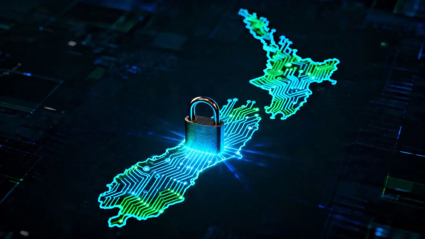 Digital padlock on New Zealand map, cyber risk concept.