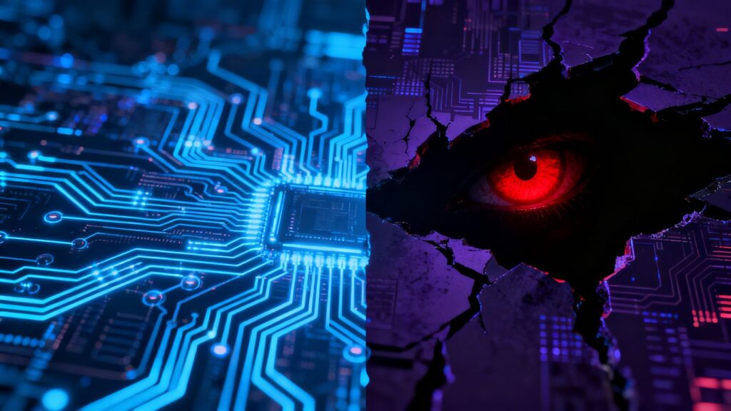 AI network contrasted with shadowy digital threat.