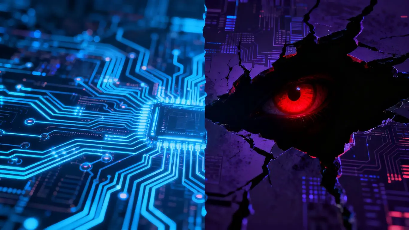 AI network contrasted with shadowy digital threat.