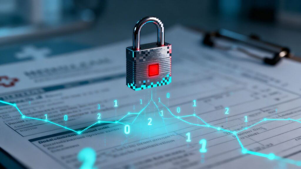 Digital padlock on blurred medical records, symbolizing data breach.