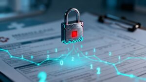 Digital padlock on blurred medical records, symbolizing data breach.