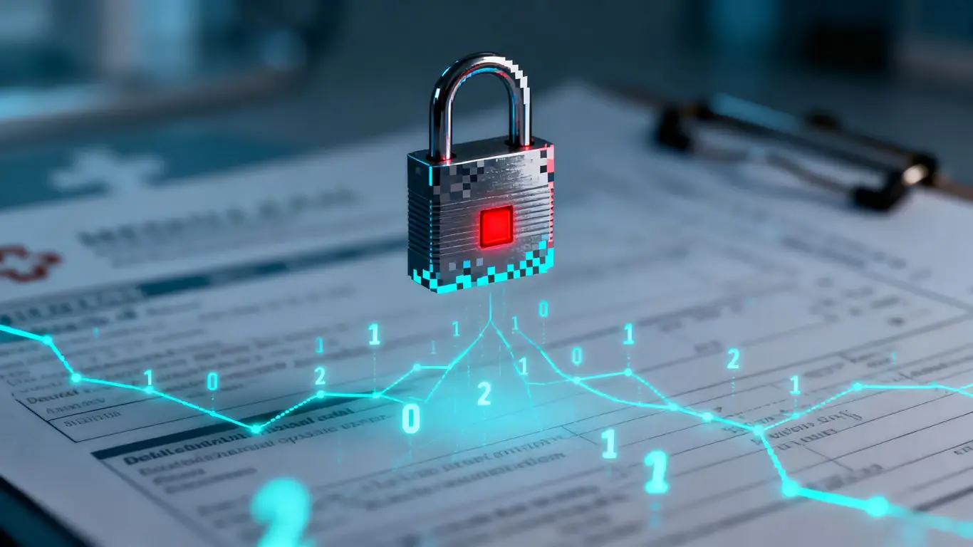 Digital padlock on blurred medical records, symbolizing data breach.