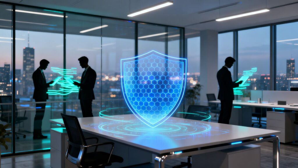 Modern business security with digital shield and data streams.