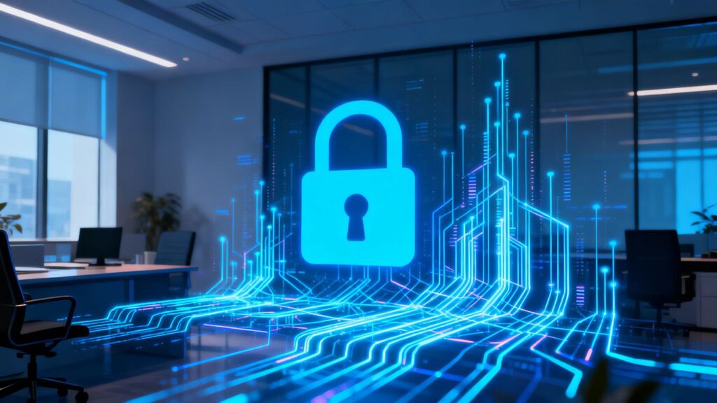 Cyber security padlock protecting digital network