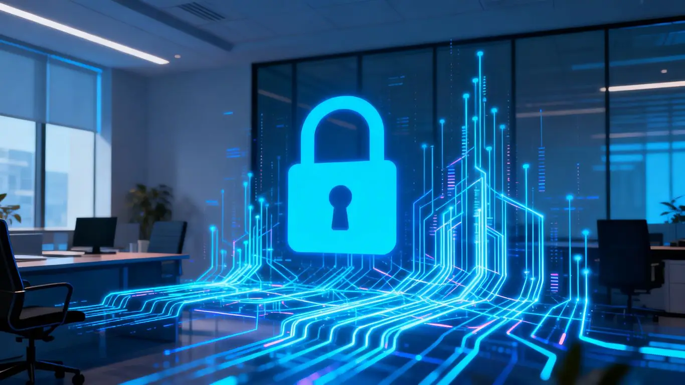 Cyber security padlock protecting digital network