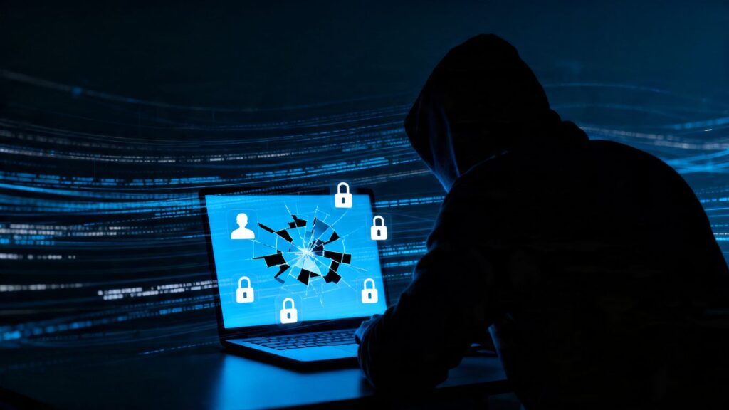 Cybercriminal stealing credentials and reusing data on a laptop.