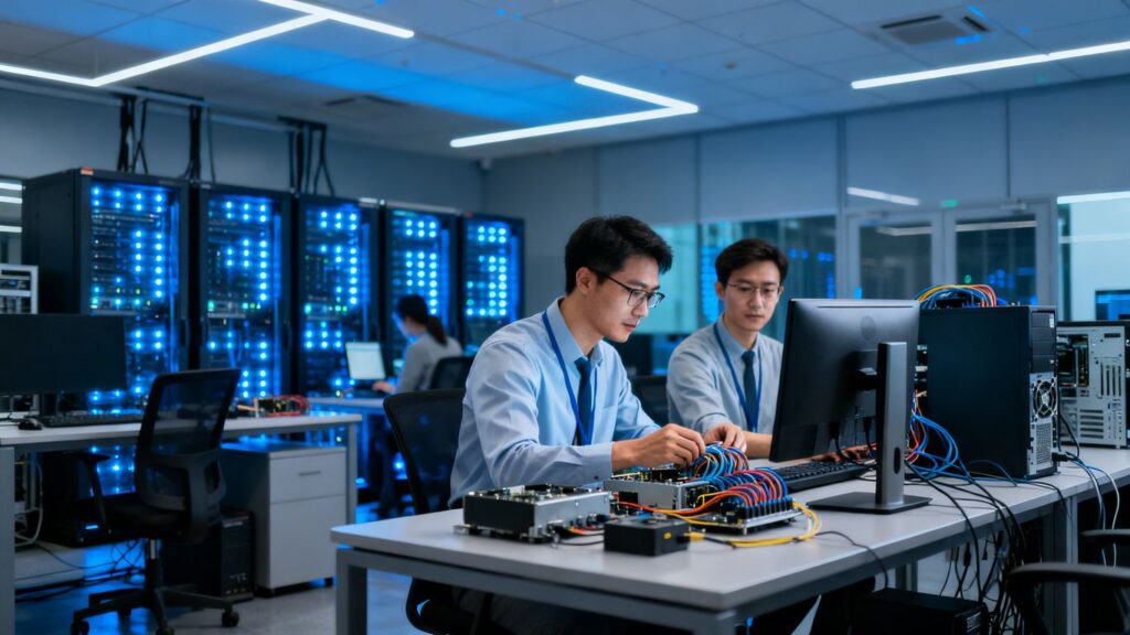 IT support team working on computers and networks.