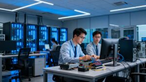 IT support team working on computers and networks.