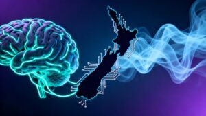 New Zealand map with glowing AI circuits and abstract light.