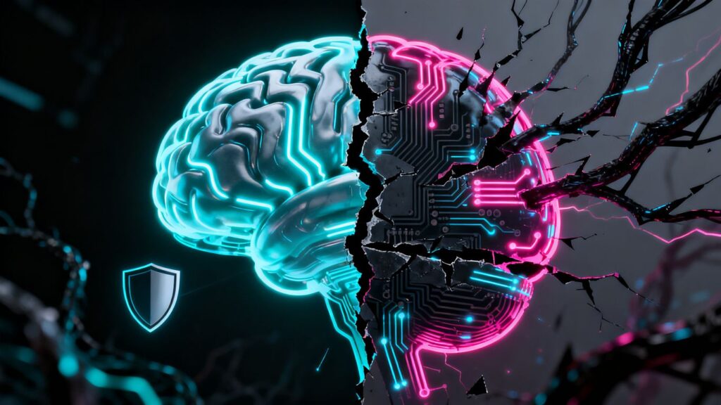 AI brain split, one side bright, other dark and fractured.