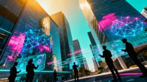 AI implementation with professionals and futuristic interfaces.