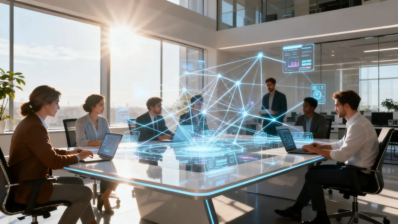 Business professionals collaborating with futuristic IT interfaces.