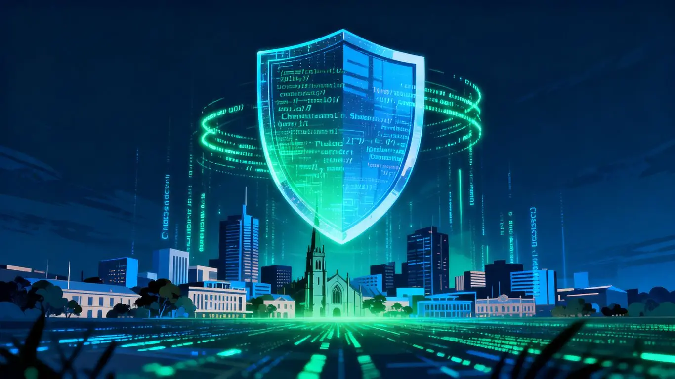 Christchurch cityscape with a digital shield and code.