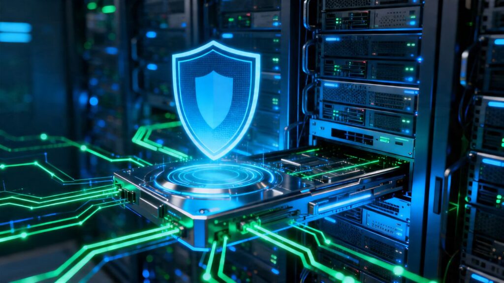 Digital firewall interface with glowing network lines and shield icon.