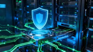 Digital firewall interface with glowing network lines and shield icon.